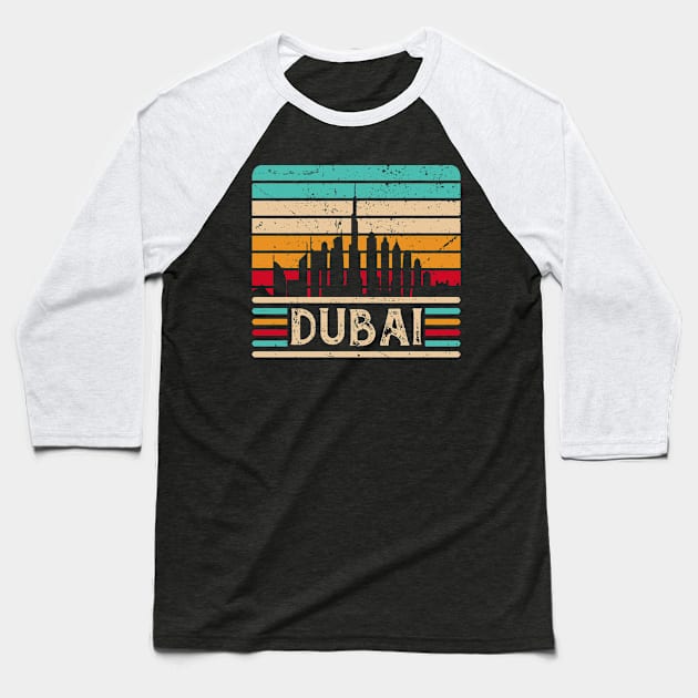 Dubai Skyline Vintage United Arab Emirates Baseball T-Shirt by Foxxy Merch